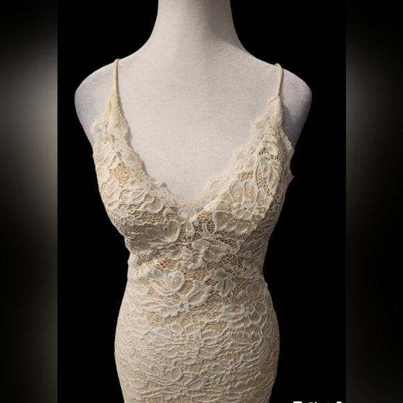SOLD - Beautiful White Lace Midi Dress with Spaghetti Straps - Picture 3 of 9